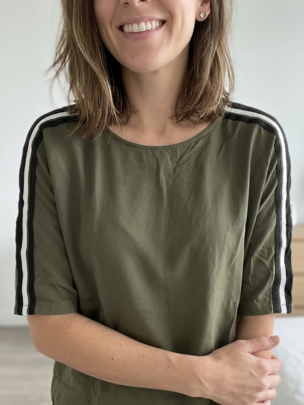 Anthropologie Olive Green Short Sleeve Top with Black & White Shoulder Stripes